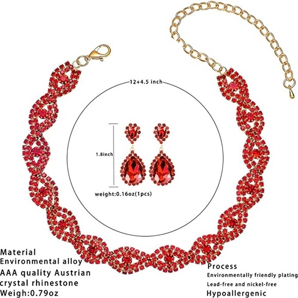 Ruby Red Crystal Necklace Set CZ Cubic Rhinestone Necklace Bracelet Earrings Set - Picture 3 of 6